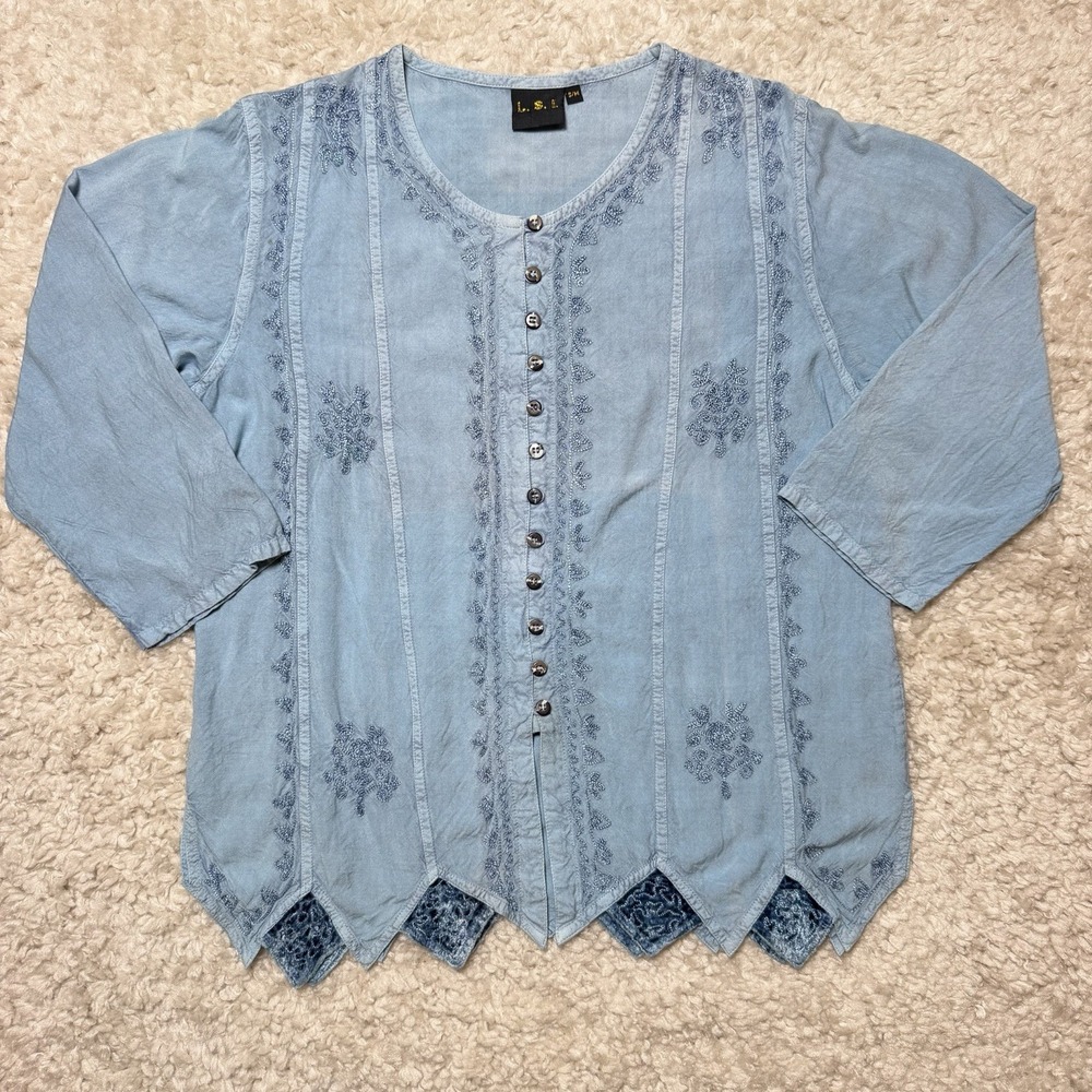 LSI Blue Floral Embroidered 3/4 Sleeve Blouse S/M Boho Witchy Whimsigoth Fairy